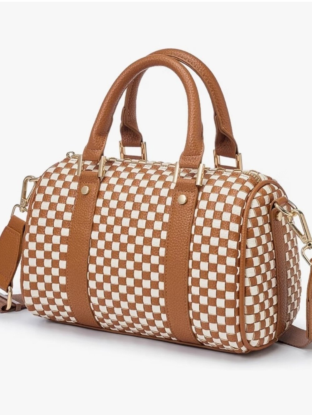 Stylish Vegan Leather Woven Checkered Barrel Satchel Bag